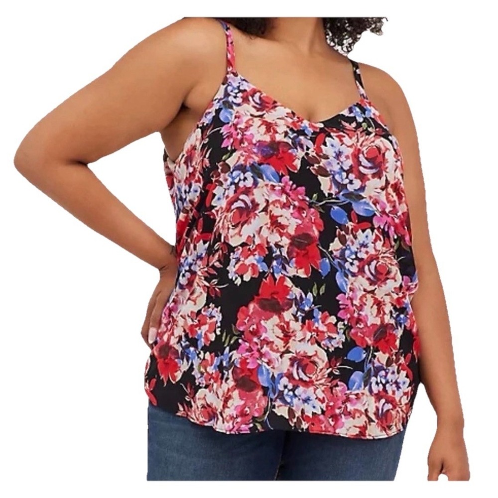 Torrid Babydoll Top Womens 3X Black Floral Chiffon Sleeveless Swing Flirty Cami